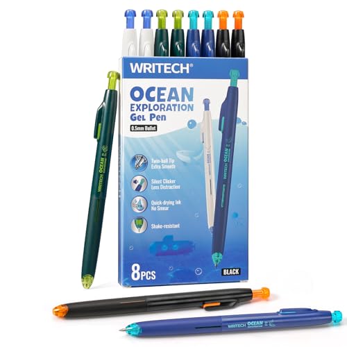 Image of WRITECH Retractable Gel Ink Pens: 8ct Black Ink 0.5mm Fine Point Tip Click Pen for Smooth Writing Journaling Note Taking Sketching No Smudge & Smear