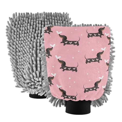 Hezely Dachshund Dogs Pink Car Wash Mitt, 2PK Scratch Free Lint-Free for Car Washing and Detailing