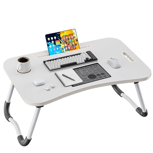 Image of Folding Lap Desk, 23.6 Inch Wood Laptop Bed Desk with Cup Holder, Portable Bed Table for Working Writing Reading, Eating for Bed, Floor, Sofa, Couch - White