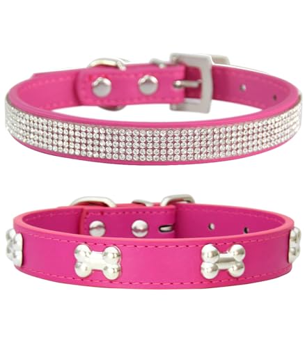 Suiecuor 2 Pezzi Collare per Cani in Pelle Collare Cane con Strass Collare Cani di Piccola Taglia con Decorazione in Osso in Metallo Adatto per Cani e Gatti di Piccola Media Rosa Scuro XS
