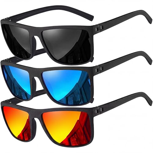 grinderPUNCH Polarized Sunglasses for Men and Women Lightweight TR90 Frame UV400 Protection Square Sun Glasses (3pack Black - Blue - Red)