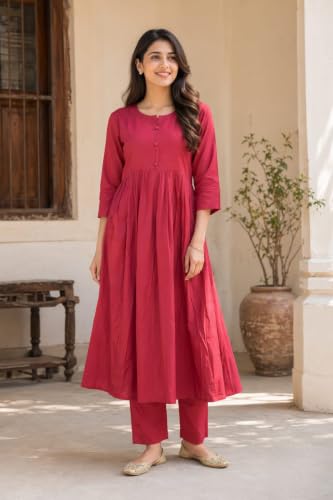 Image of ANILINE Women's V-Neck, Button Front, three-quarter sleeves, Anarkali shape, Empire Waist, Pleated Design Kurta With Pant