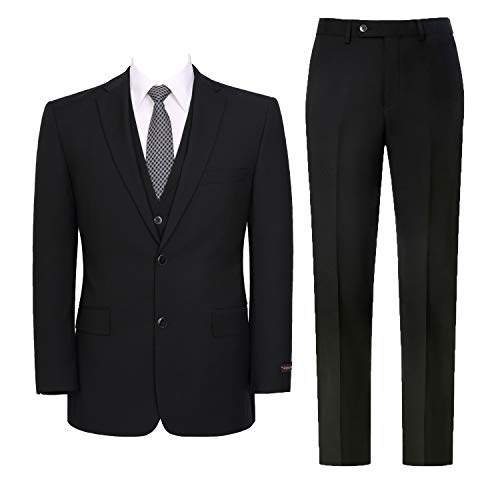Pio Lorenzo Men's 3-Piece Classic Fit Suit Single Breasted Jacket with Hidden Expandable Waist Flat Front Dress Pants Big and Tall Vested Formal Tuxedo Black, 44 Long