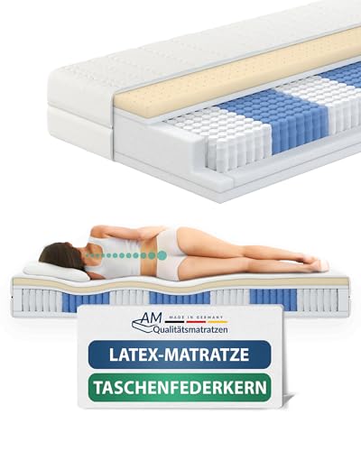 AM Qualitätsmatratzen Premium Latex-Taschenfederkernmatratze 90x200cm H3 24cm - Made in Germany & Oeko TEX Siegel - 7 Zonen Latex-Federkernmatratze 90x200 mit 1000 Federn & Lyocell Bezug