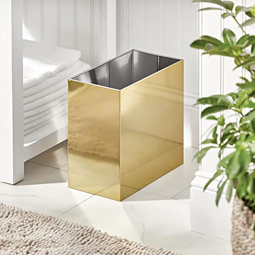 Image of mDesign Small Steel Rectangular 2.4 Gallon /9.1 Liter Trash Can, Waste Basket for Bathroom, Bedroom, Home Office - Holds Garbage, Recycling, Household Items - Linn Collection - Soft Brass