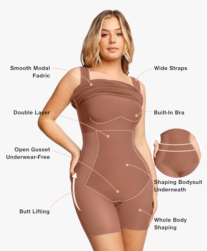 Image of Popilush Cocktail Dresses for Women Built in Shapewear Bra 8 in 1 Square Neck Mini Slit Party Summer Dress