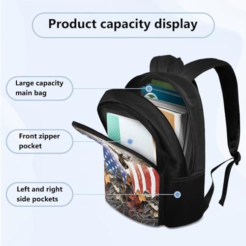 School Backpack 4 Pcs Set Include Insulated Lunch Bag and Pencil Box and Water Bottle Bag, School Bookbag Outdoor Travel Bags Casual Daypack for Teens Kids, American Flag Deer Branch2