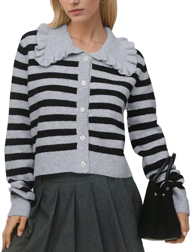Image of Ythomm Womens Ruffle Collar Cropped Cardigans Button Down Open Front Long Sleeve Knit Sweater Jackets Casual Solid Fall Tops
