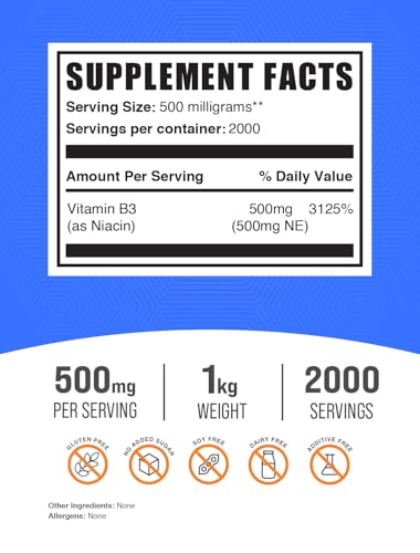 BulkSupplements.com Niacin Powder - Vitamin B3 Supplement, Niacin 500mg - Niacin Flush, Niacin with Flushing - Gluten Free, 500mg of Niacin per Serving, 1kg (2.2 lbs) (Pack of 1)

New Title: Niacin Powder - Vitamin B3 Supplement, 500mg - Niacin Flush