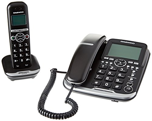 Daewoo Teléfono Combo DTD-5500 | Teléfono Inalámbrico + Teléfono Fijo | Teléfono con Números Grandes | Pantalla Grande | Manos Libres | Color Negro Cover