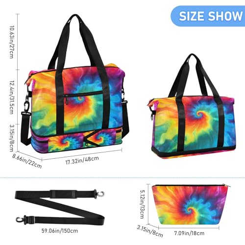 Tie Dye Gym Bag - Weekender Overnight Bags for Women Men, Sport Travel Duffel Bag with Wet Pocket & Shoe Compartment3