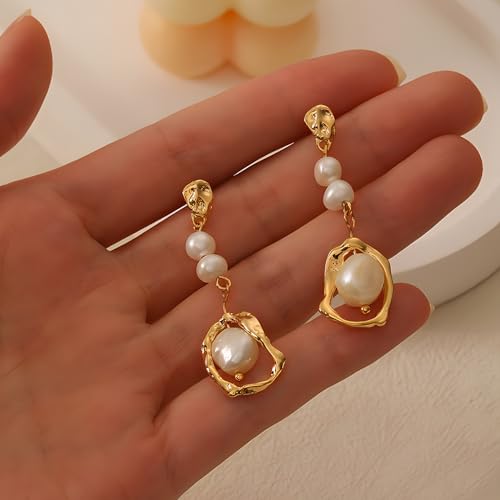 Long Baroque Pearl Drop Earrings Gold Statement Real Pearls Dangle Earrings for Women2