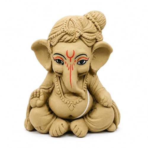 Image of Clay Ganesh Idol, 4 Inches Height, Water Soluble Ganpati Murti for Ganpati Visarjan (Small) (Natural Brown - Bal Gopal)