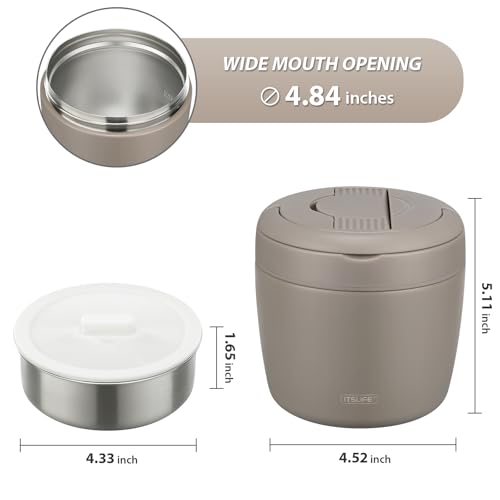 Image of Itslife 32oz Insulated Soup Thermo, Vacuum Stainless Steel Food Jar for Hot & Cold Food, Leakproof Wide Mouth Lunch Container with Spoon, Khaki