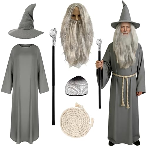 Costume de Sorcier pour Adulte: Chapeau de Sorcier, Robe Gris, Perruque, Barbe, Baguette Magique Assemblable, Réseau à Cheveux, Ceinture en Jute, Costume pour Fête de Carnaval et Cosplay à Thème