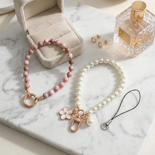 2 Pcs Handykette Perlen Kurz, Handykette Naturstein und Kunstperlen Kurz, Handy Kette Universal, Handyanhänger, Handschlaufe, Handyband, Schlüsselanhänger Perlen für Frau Mädchen, Rosa und Weiß