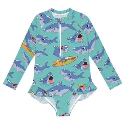 QUGRL Long Sleeve One Piece Ruffle Swimsuit for Girls Size 5-6 Seamless Pattern with Shark Girl Rashguard Shirt Bathing Suit with UPF 50+ Sun Protection