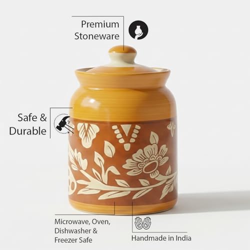 Image of Handcrafted Ceramic Jar with Lid 1000 mL | Traditional HandPainted Kitchen Storage Container | Pickle, Spice, Sugar, Tea, Coffee Canister | Pottery Home & Gift (Set of 1) (Full Yellow &Red Bale)