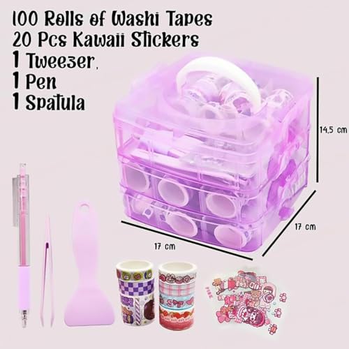 Image of Washi Tape Set - 100 Pcs Decorative Designer Tapes + 20 Kawaii Stickers, Tweezer, Pen, Spatula in 3-Layer Storage Box | Masking Tapes for DIY Crafts, Journaling, Scrapbooking (MODEL 1)