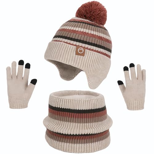 Image of Kids Winter Hat Gloves Scarf Set,Beanies with Earflap Pompom Neck Warmer Touchscreen Gloves Fleece Lined for Boys Girls 4-10Y