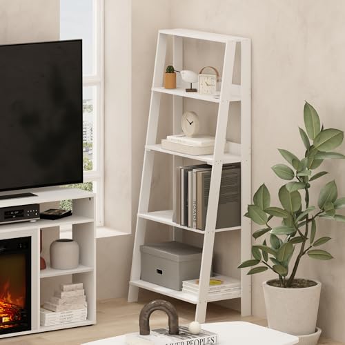 Image of Furinno Ladder 5-Tier Book Shelf, Leaning Standing Shelf, White | 13 x 23.6 x 53.5, Open Frame Design Bookshelf, Display Storage Shelves, for Living Room, Home Office