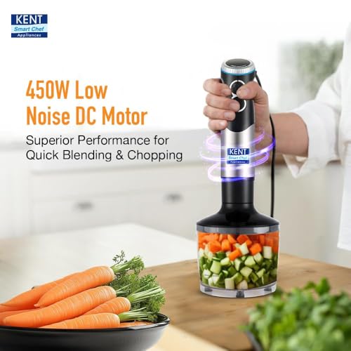 Image of KENT Hand Blender Plus Chopper 450 W | Variable Speed Control | Turbo Switch for Fast Blending & Chopping | Hot & Cold Blending | Low Noise DC Motor | Multiple Attachments Chopper, Whisker & Jar