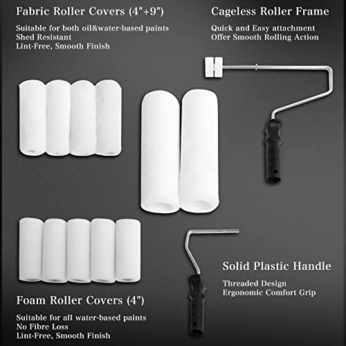 Eterna Paint Roller Set,19 Piece Painting Roller Kit, 4"+9" Roller Frame With Covers, Brushes, Putty Knife, Paint Stick, Paint Tray With Grid For Wall Decorating Home Improvement #TOP3