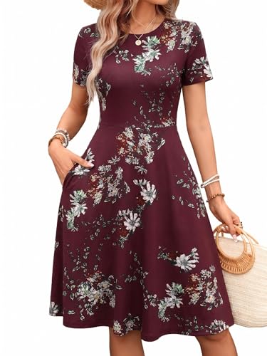 Image of Women's 2026 Fit and Flare Dress Summer Casual Elegant Vintage Floral Printed Work Party A-line Dress with Pockets 162