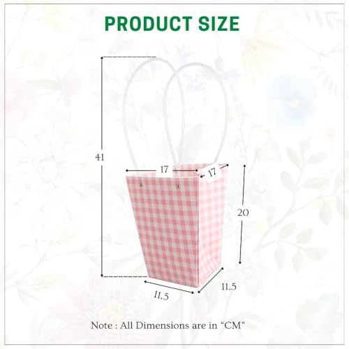 Image of Oasis Luxury Gift Bouquet Bag - Pink Conical Chex Printed Kraft Paper Bag with Handle - Waterproof Floral Packaging for Fresh Bouquets - Ideal for Weddings, Events, and Gifts - 5757 (P-10)