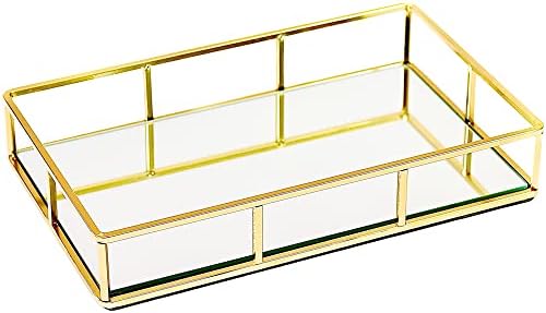 JollyCaper - Gold Mirror Vanity Tray - Vintage Vanity Tray for Dressers in Rectangle Design - Jewelry, Perfume, Makeup Organizer - Decorative Metal Vanity Tray