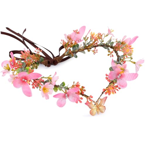 MOSTORY Schmetterling Fee Blumenkrone für Frauen Rosa Floral Kopfschmuck Elfenkrone für Frühling Hochzeit Fotoshooting