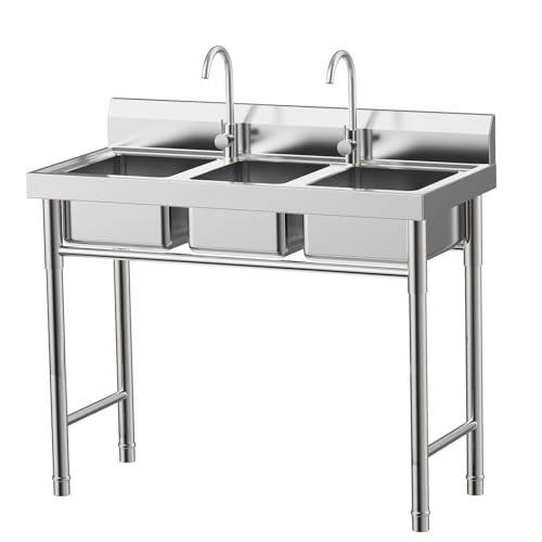 3-Compartment Stainless Steel Commercial Sink Grade Laundry Tub Culinary Sink with 2 Faucets (Hot & Cold) for Restaurants, Canteens, Snack Bars