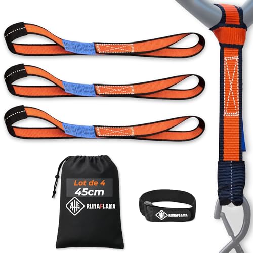 RUNAFLAMA - Sangle Arrimage Moto Remorque - Petite Sangle Moto pour Anneau Arrimage, Guidon et Cadre - Résistance 2400 kgf - Lot de 4 en 45 cm Orange avec Sac + Bande Auto-Agrippante