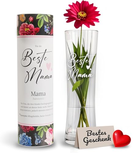 Hechttag Blumen Vase Glas mit Gravur Beste Mama - Geschenke für Mama...