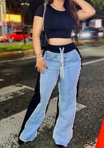 Vaceky Women's Denim Sweatpants Raw Trimmed Jeans Patch Layered Chunky Joggers with Pockets3