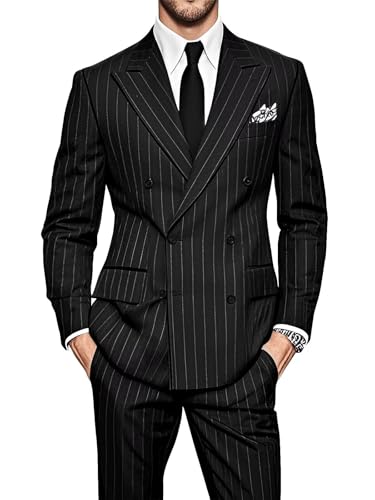 HUUTOE Black Pinstripe Double Breasted Suit Men Black and White Pin Stripe Suit 2 Piece Slim FIt Blazer Jacket Pants Sets Men Prom Formal Suits 2XL 1920s