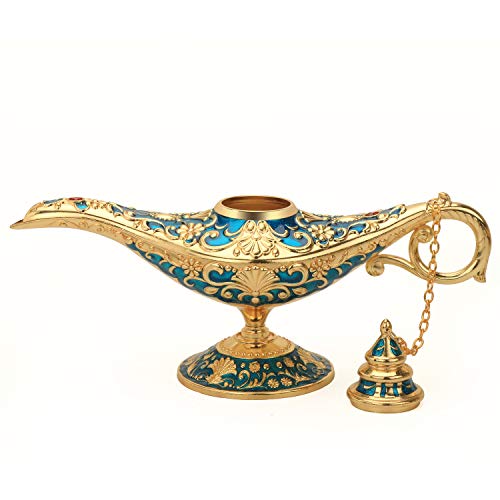 LAUYOO Classic Aladdin Magic Genie Lamp Legend Wishing Light Costume Lamp Metal Carved Arabian Props for Home Tabletop Decoration Party Birthday Halloween Christmas Size 7 x 20.7 x 11.3CM-Blue