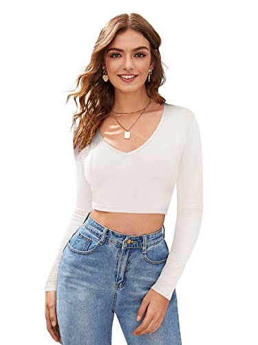 LONDON BELLY Women’s Solid Crop Top Long Sleeves Casual Tank Top Stretch Fabric Slim Fit Lightweight Stylish Versatile Crop Shirt Comfortable Everyday Layering Chic Fashion