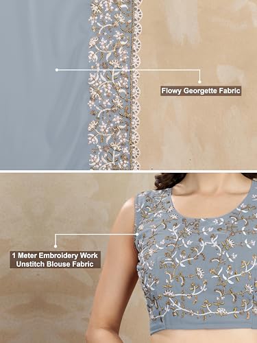 TRENDMALLS Women's Georgette Lakhanvi Embroidery with Sequence Moti work Women Saree