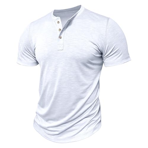 Zylphorix Men Solid Short Sleeve Henry Shirts Quarter Button Round Collar T Shirt Summer Street Outdoor Daily Pullover (White,X-Large)