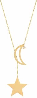 Diamond Moon and Star Y-Necklace | 14k Solid Gold Crescent Necklaces for Women | 14k Yellow Gold Lariat Pendant Necklace | Dainty Half Moon and Star Jewelry | Gifts for Christmas, 18"