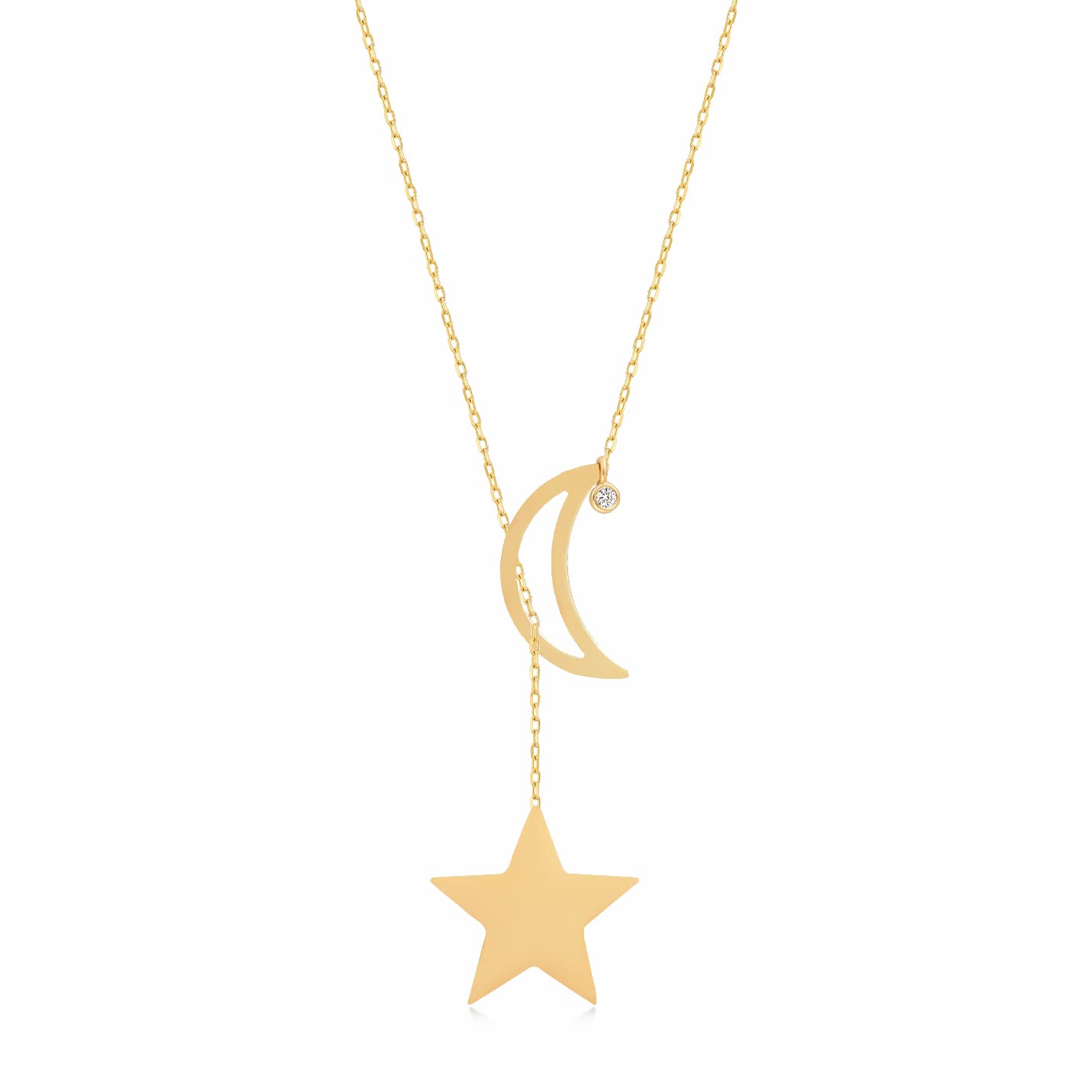 GelinDiamond 14k Solid Gold Moon Star Y-Necklace for Women, Gold, Diamond