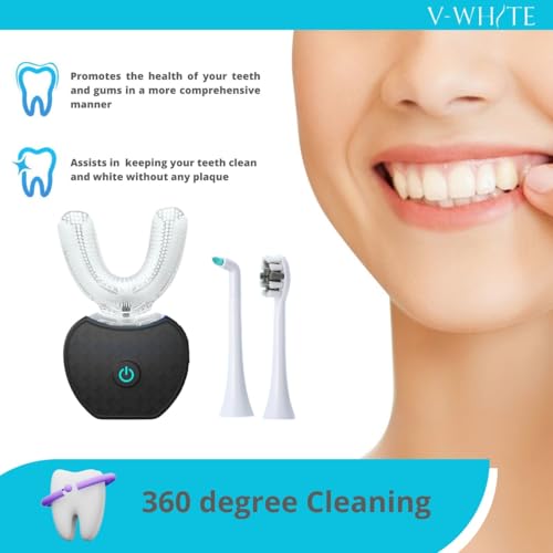 Image of V-WHITE Adults Auto Brush Ultrasonic U-Shaped Toothbrush - 360 Teeth Cleaning, Hands-Free Electric Autobrush - Gum Protection, Waterproof IPX7, Wireless Charging