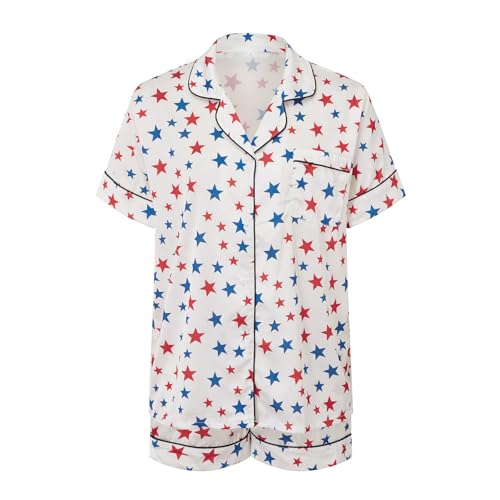 Image of Piacakece 4th of July Women Outfit Short Sleeve Button Shirt Matching Shorts Satin Pajama Sets Women July Fourth Clothes