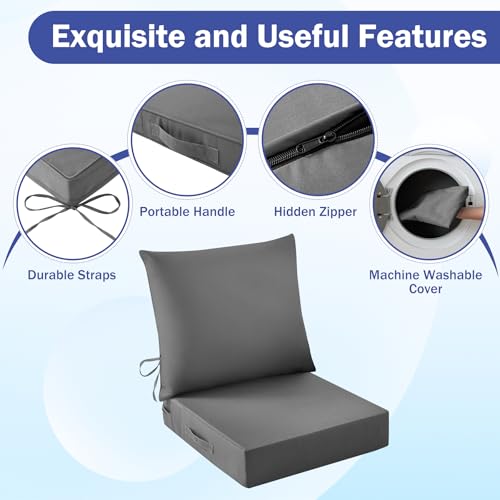 Image of Outdoor Chair Cushions, 24 x 24 Inch Outdoor Cushion for Patio Furniture, Patio Chair Cushion, Waterproof & Fade Resistant Deep Patio Furniture Cushions Set with Handle and Ties, Dark Grey (Set of 2)