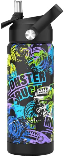Boys Monster Truck Water Bottle for SchoolKids 18 oz Insulated Stainless Steel Cup with Straw Double-Wall Vacuum Leakproof