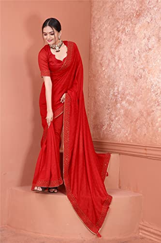 Image of SWADESI STUFF Vichitra Silk Saree with Banglory Silk Blouse and Stunning Crystal Fix Embellishments - Elegant Indian Ethnic Wear for Women