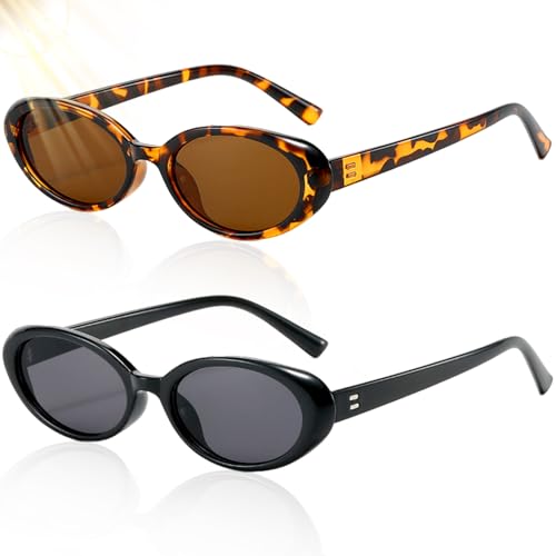 WTpin 2 Piezas Gafas de Sol Ovaladas Vintage, Gafas de Sol Set Vintage, años 90 Pequeñas Ovaladas Vintage Gafas de Sol Protección UV400, Gafas de Sol Mujer Retro Vintage Ovaladas(Schwarz+Leopard)