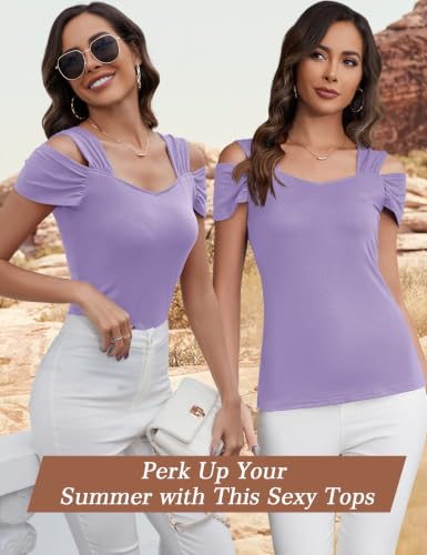 Image of Blingfit Cold Shoulder Tops Summer Tunic Shirts for Women T Shirts V Neck Short Sleeve Casual Tees Blouses 2026
