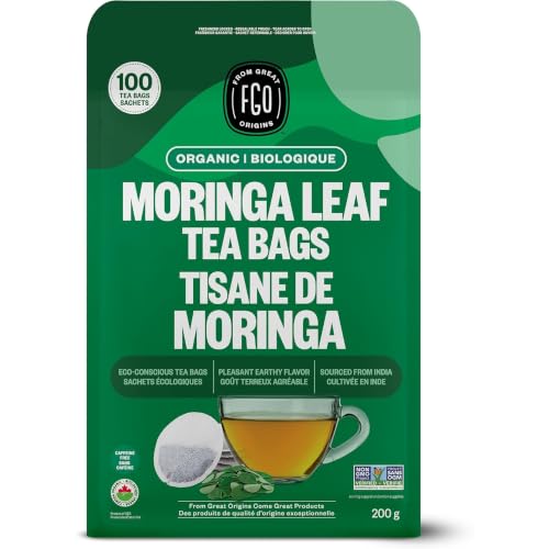FGO Organic Moringa Tea, 100 Count, Eco-Conscious Tea Bags, Resealable Bag, Caffeine Free, Packaging May Vary (Pack of 1)